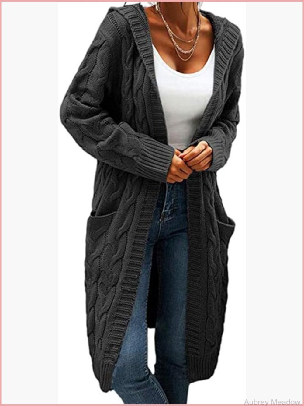 Hooded Open Front Cable Knit Chunky Long Cardigan Sweater Coat